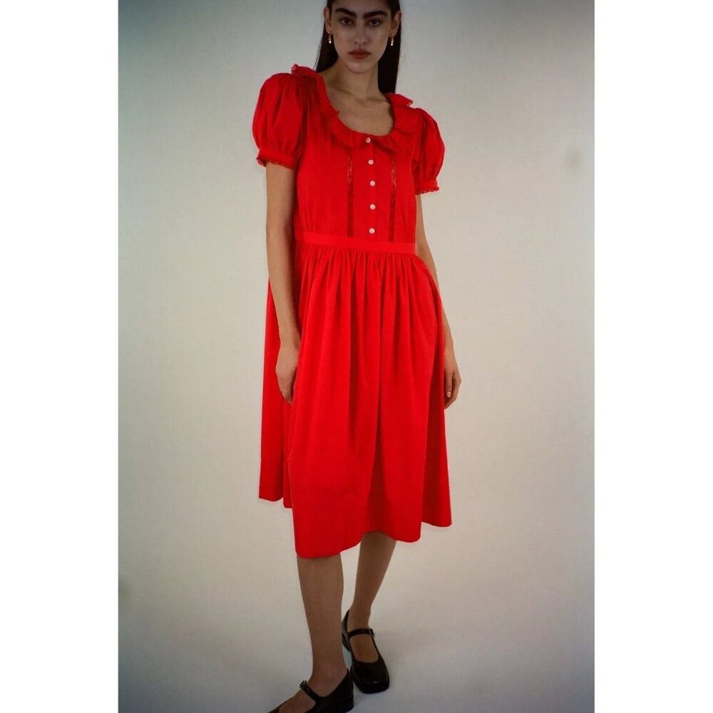 Sandy Liang Middy Midi Dress Floral Lace Ruffle Cotton Short Sleeve XL 275351
